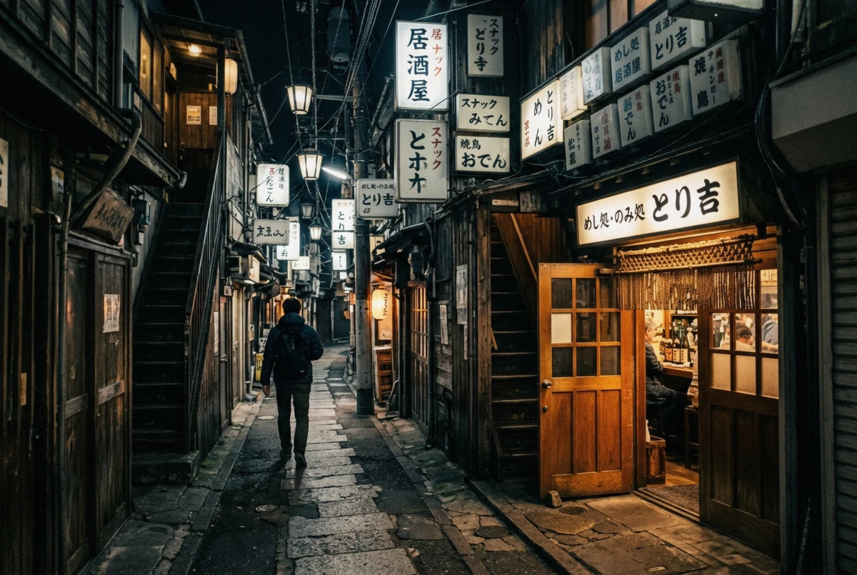 Hand-painted signs above the tiny bars of Golden Gai in Shinjuku at night on a Tokyo photoshoot route