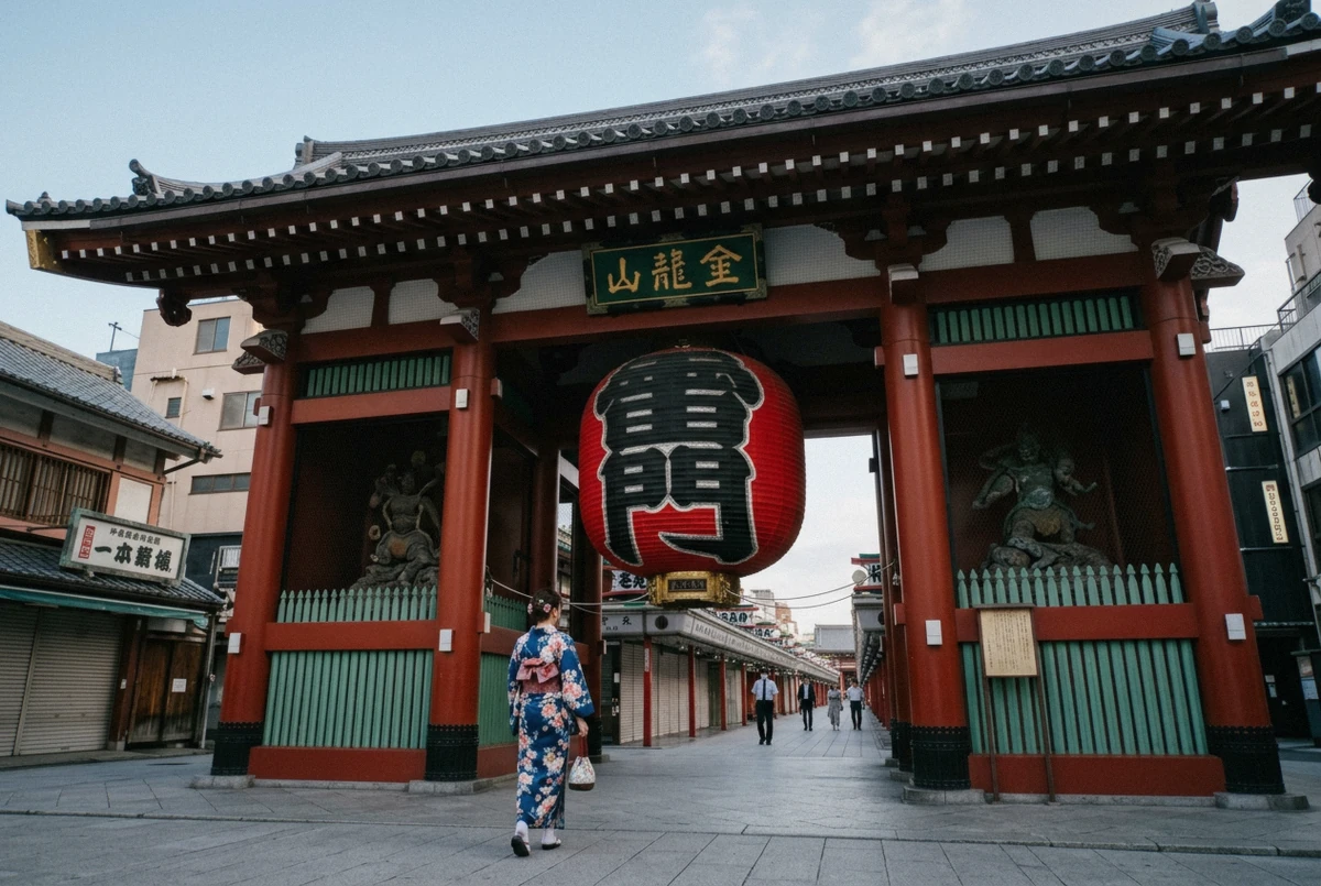 Kaminarimon gate and its giant lantern in early morning light during an Asakusa Tokyo photoshoot