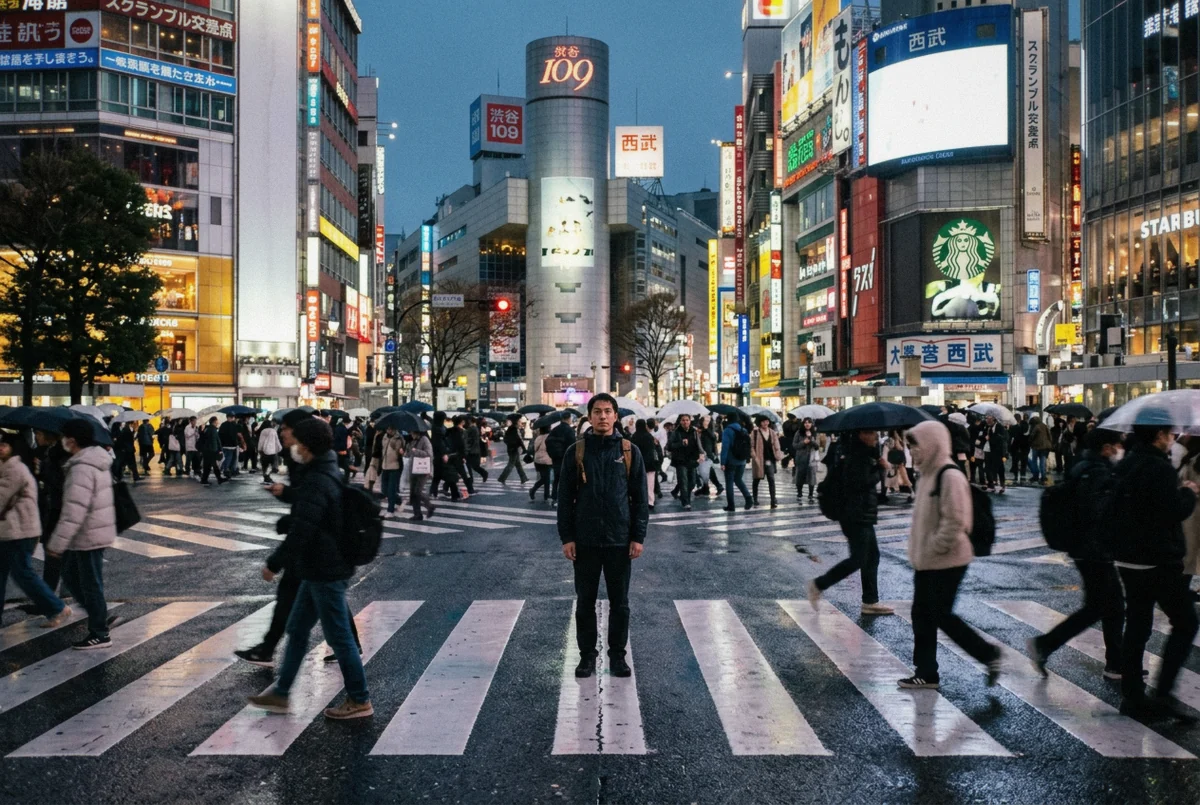 Crowds crossing the Shibuya Scramble at blue hour, the best-known backdrop for a Tokyo photoshoot