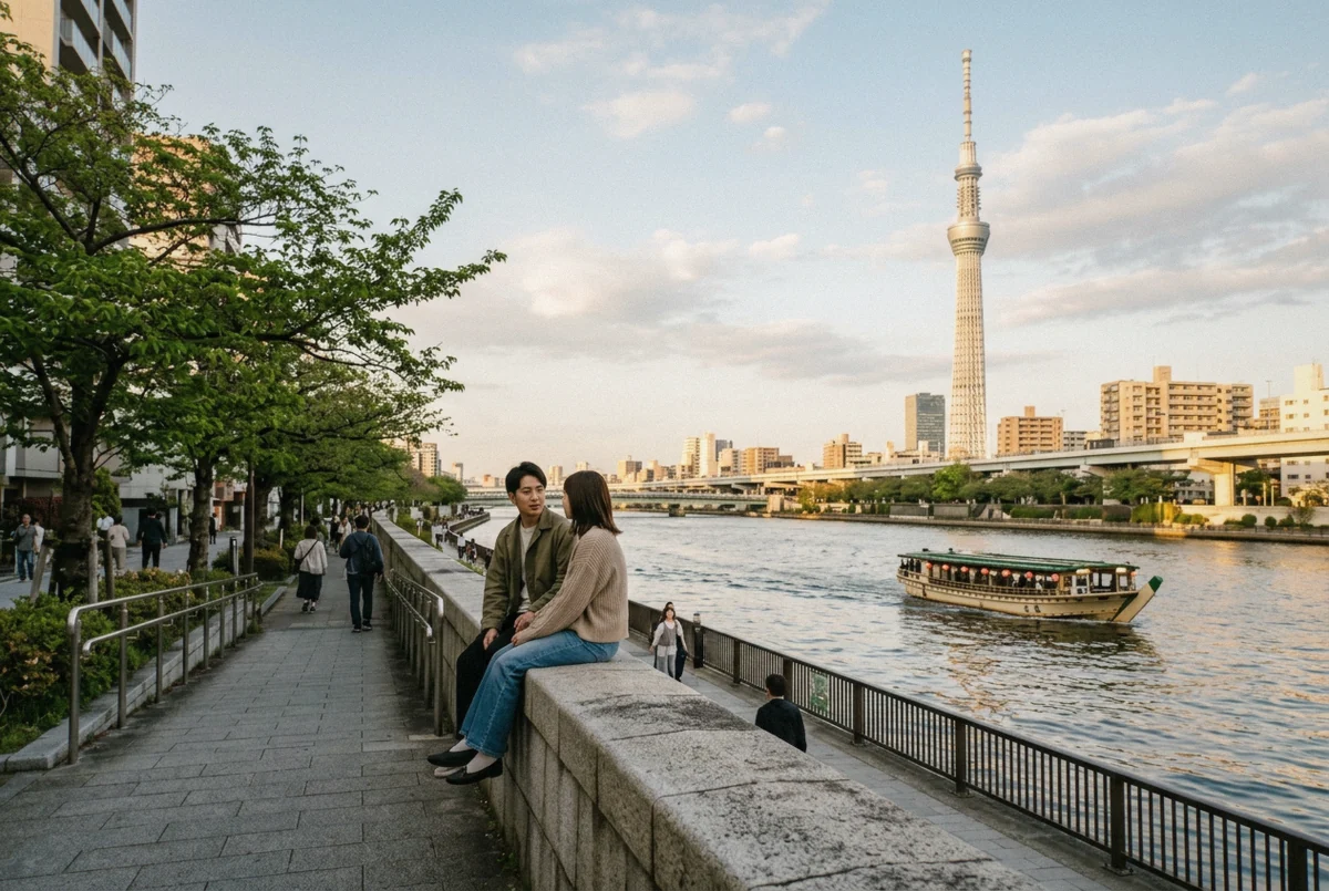 Sumida River walkway with the Tokyo Skytree behind it, a riverside stop on an Asakusa Tokyo photoshoot