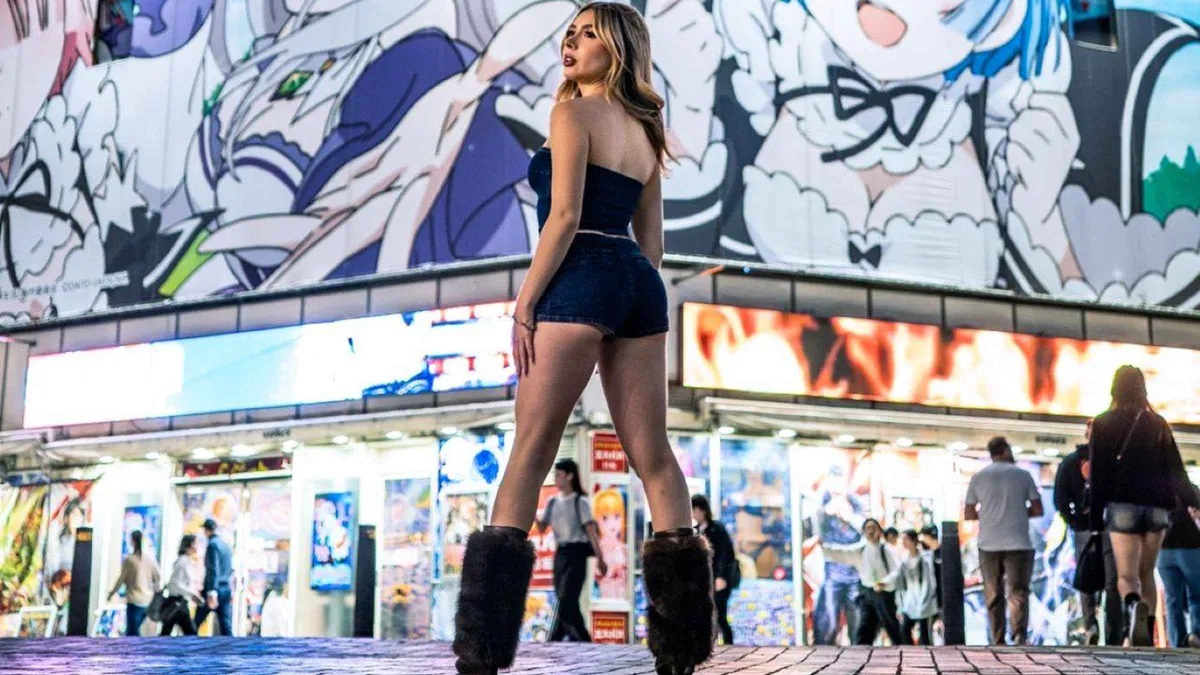 Night portrait under the Godzilla Head in Kabukicho on a Shinjuku Tokyo photoshoot